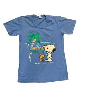 Vintage 1970s Blue Snoopy & Woodstock Single Stitch Tshirt - Size S (16x23)